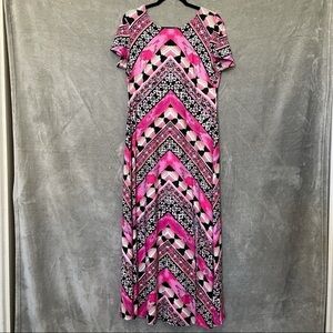 Cato Geometric Print Short Sleeve Maxi Dress Petite Large PL Pink Black NWT